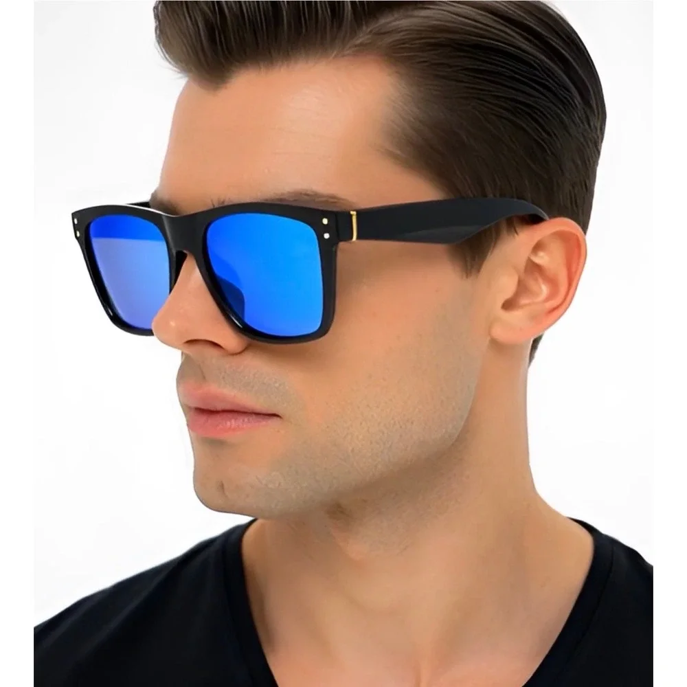 Square Sunglasses Blue Mirrored Lens Black Frame Fashion Sun‎ Glasses Trendy New
